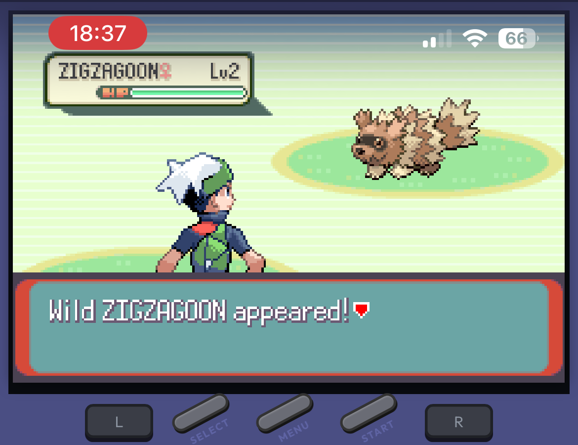 Pokémon Emerald running in the browser during a wild Zigzagoon encounter